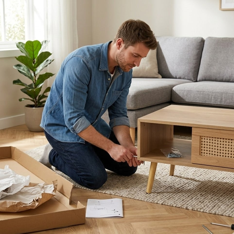 Montage d'une table basse en bois avec tiroir cannage rotin dans un salon – RotinDéco