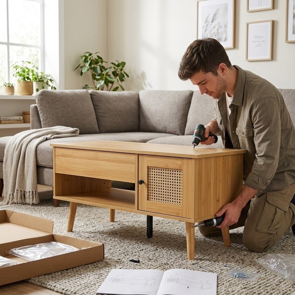 Montage d'une table basse en bois avec porte cannage rotin dans un salon – RotinDéco