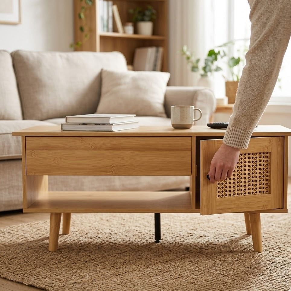 Table basse bois naturel avec porte cannage rotin ouverte dans un salon – RotinDéco
