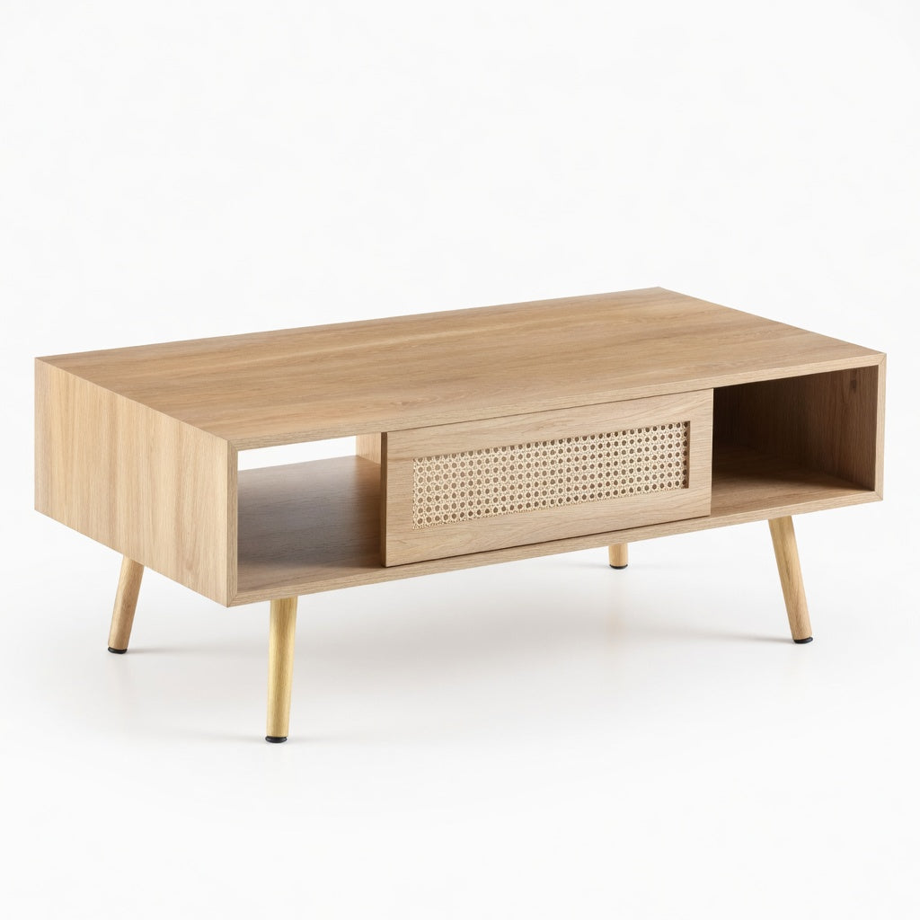 Table basse bois chêne naturel avec tiroir coulissant cannage rotin sur fond blanc – RotinDéco