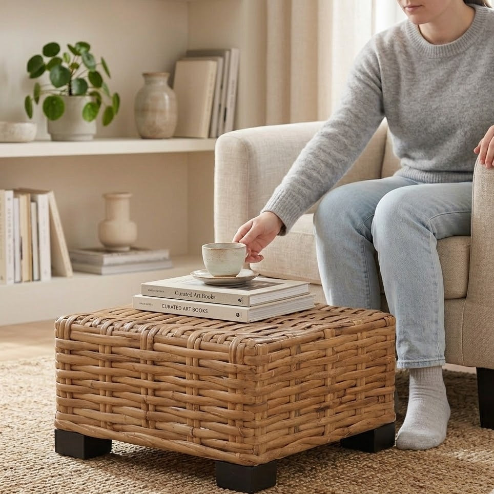 Table basse carrée en rotin naturel tressé utilisée dans un salon – RotinDéco