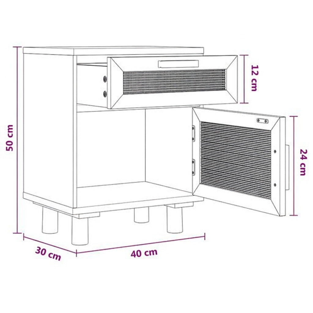 Table de chevet cannage rotin bois naturel schéma avec dimensions 40x50x30 cm