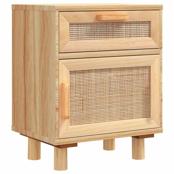 Table de chevet 1 tiroir 1 porte cannage rotin naturel cadre bois pieds cylindriques fond blanc