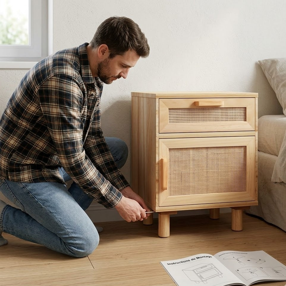 Montage d'une table de chevet cannage rotin et bois naturel dans une chambre
