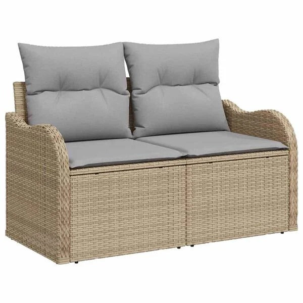 Canapé 2 places de jardin en rotin naturel avec coussins gris, vue de face sur fond blanc