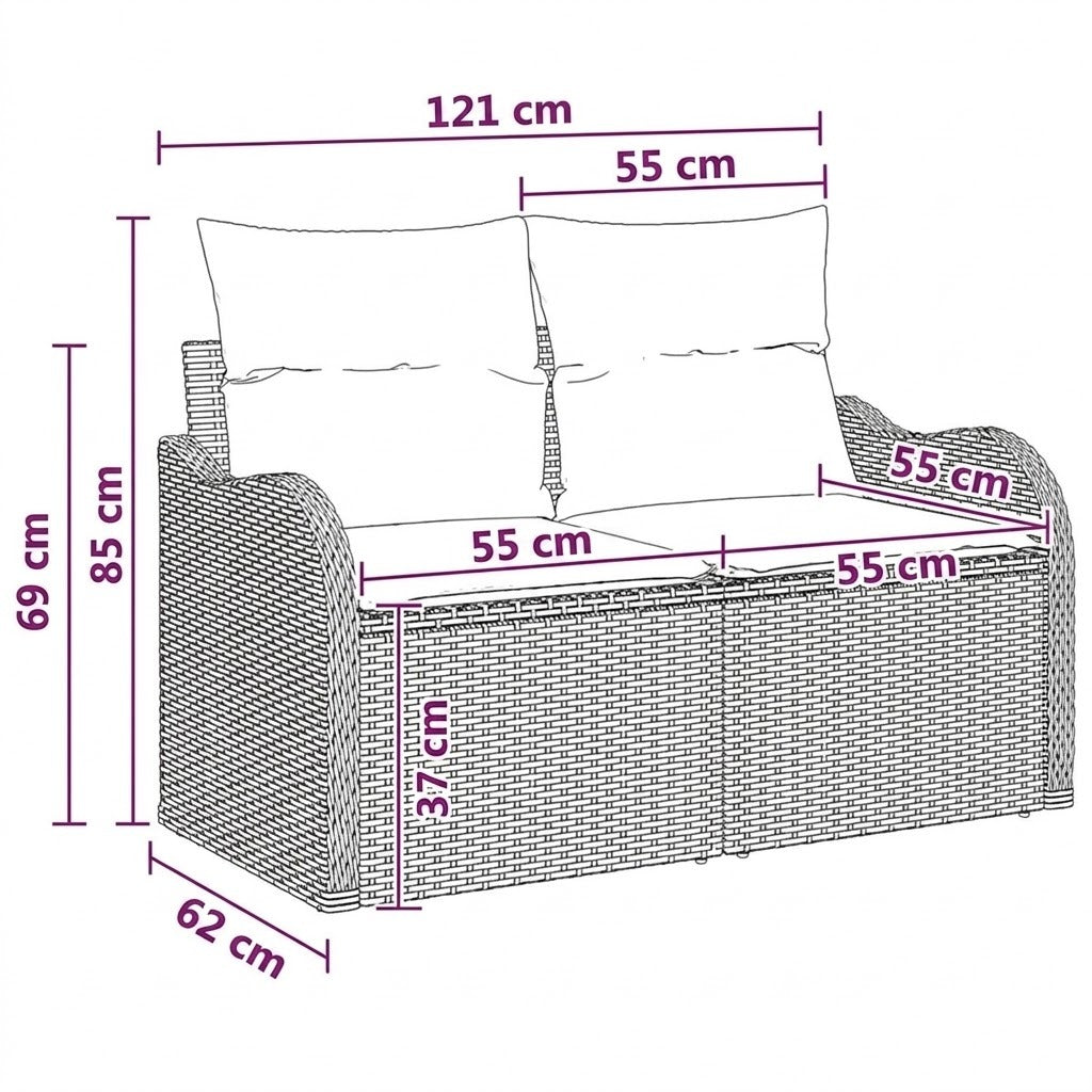 Schéma technique du module 2 places du canapé en rotin extérieur avec dimensions 121 x 62 x 85 cm