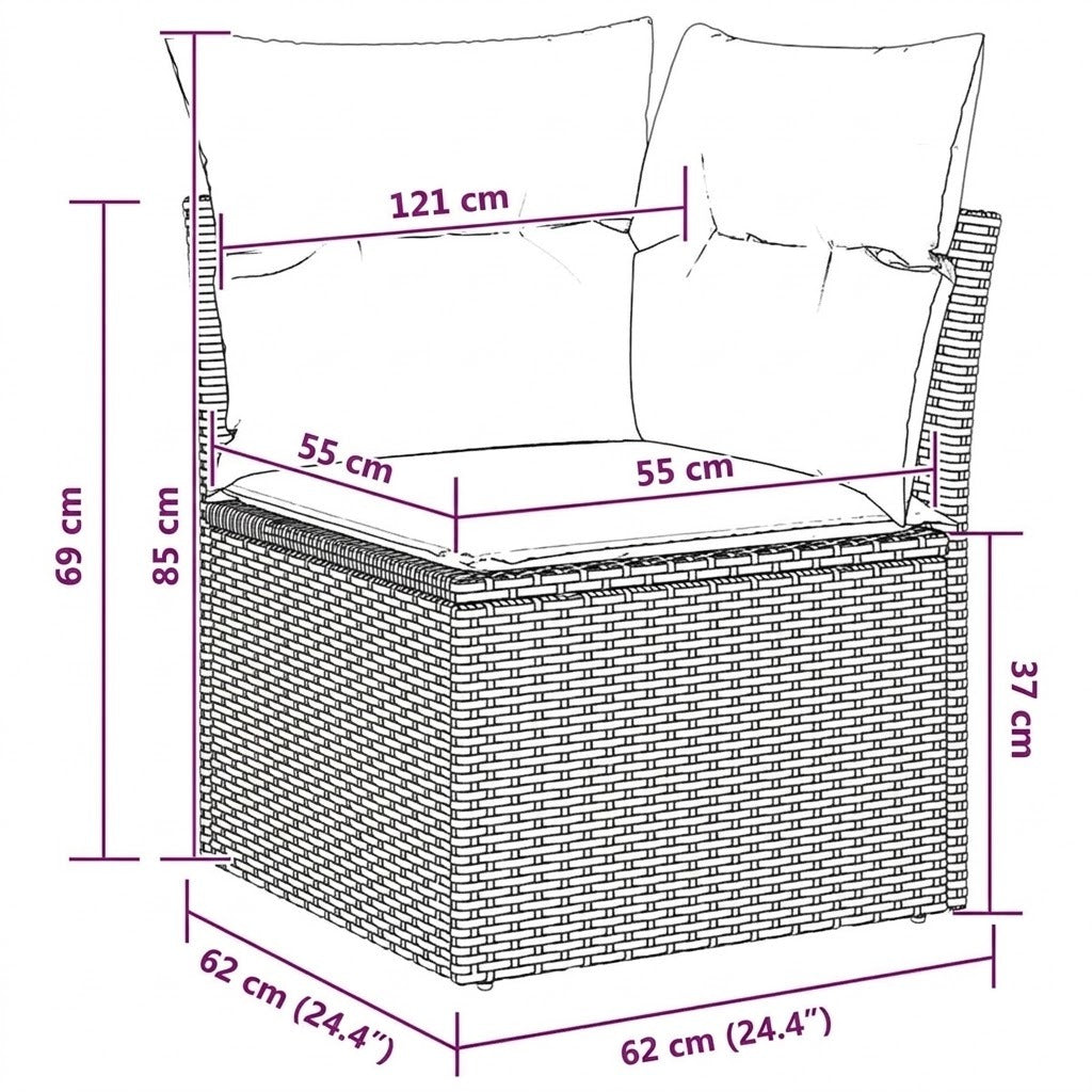 Schéma technique du module coin du canapé d'angle en rotin extérieur avec dimensions 121 x 62 x 85 cm