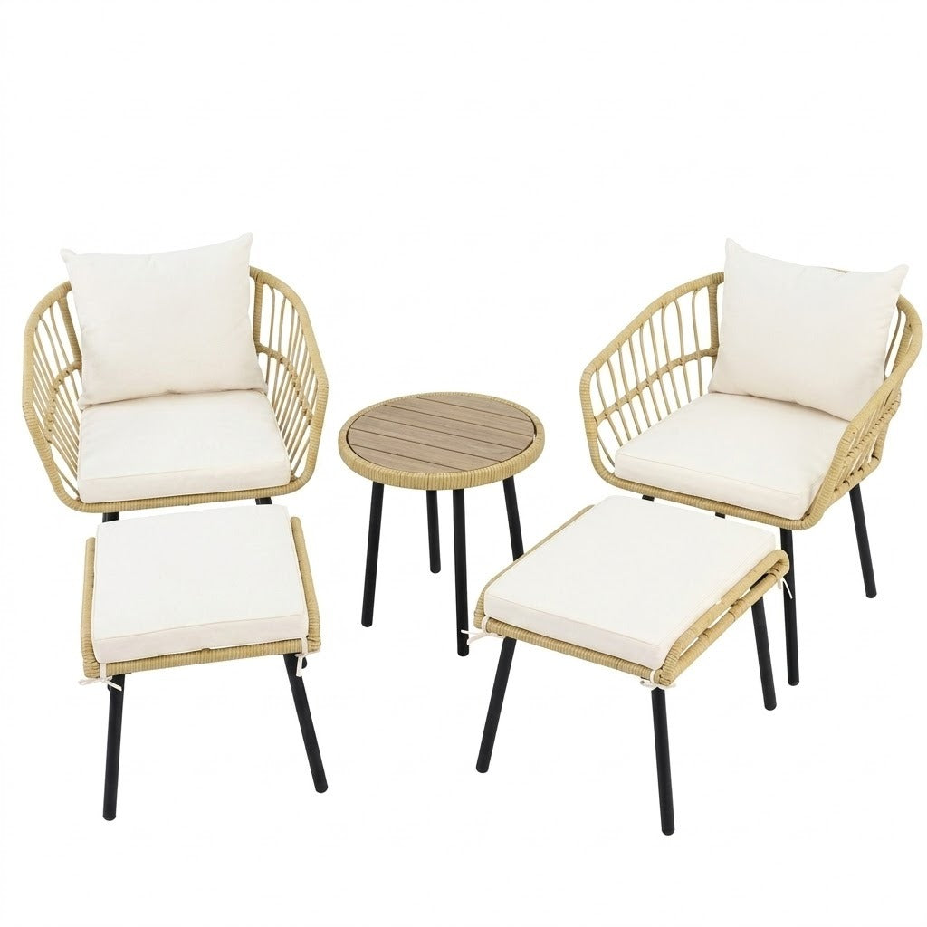 Salon de jardin rotin naturel avec 2 fauteuils, 2 repose-pieds et 1 table basse ronde, fond blanc