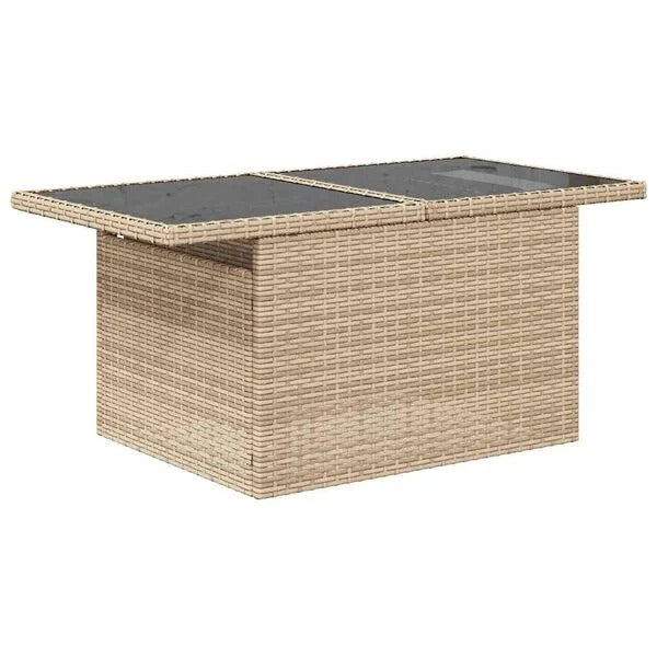 Table centrale de jardin en rotin avec double plateau verre en position basse, fond blanc
