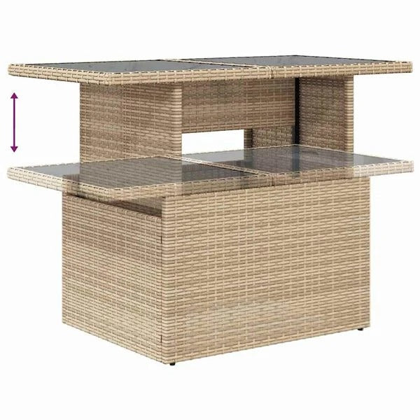Table centrale de jardin en rotin avec plateau verre en position haute, système réglable visible
