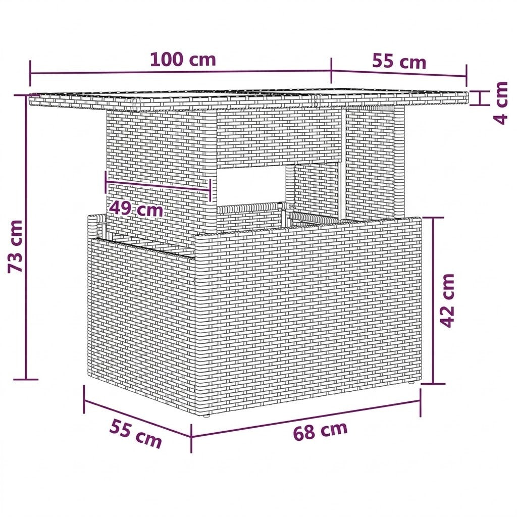 Schéma technique de la table centrale en rotin avec plateau verre réglable en hauteur 42 à 73 cm