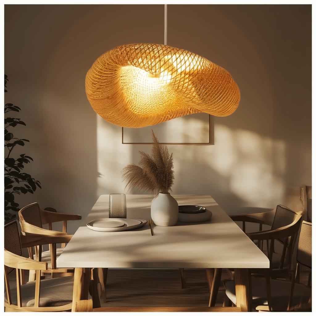 Suspension Luminaire Rotin Bambou Tressé Forme 
          Organique au-dessus d'une Table à Manger 
          Salle à Manger Contemporaine Style Bohème