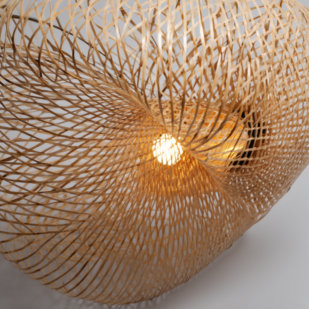 Détail Lamelles de Bambou Naturel Tressées   Suspension Luminaire Rotin Forme Organique
