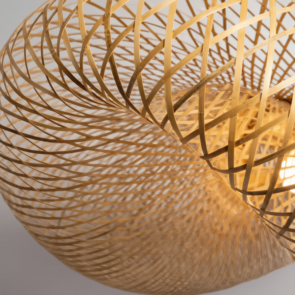 Détail Tressage Ajouré Intérieur Suspension 
          Rotin Bambou Naturel Beige avec Lumière Diffuse