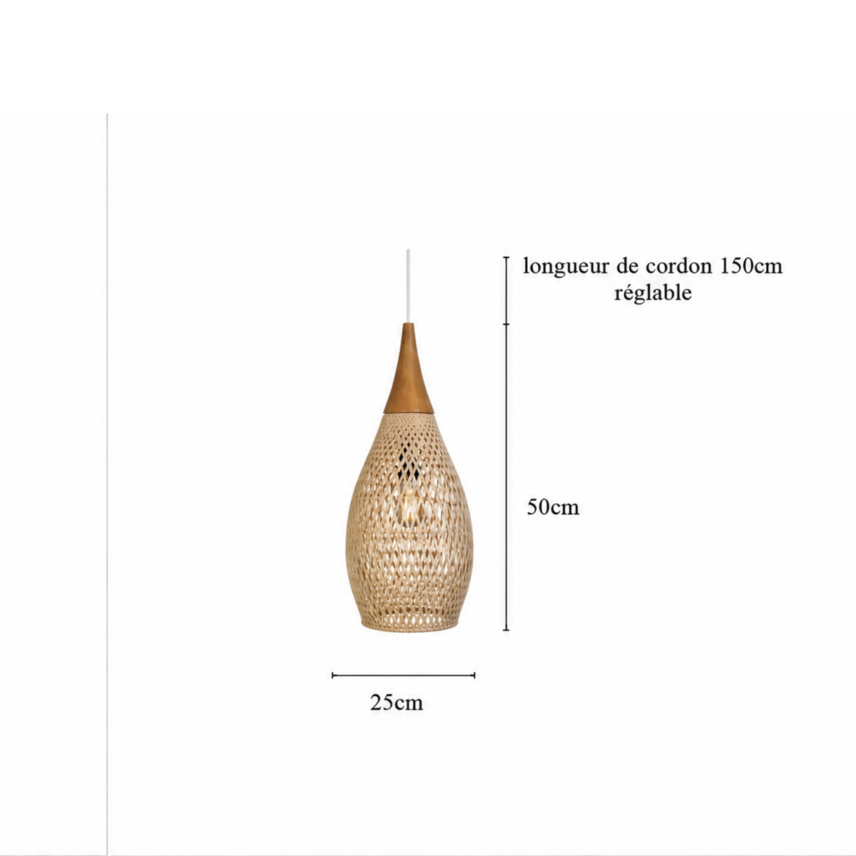 Suspension Rotin Tressé Dimensions 25cm de Diamètre 
          et 50cm de Hauteur Cordon Réglable 150cm