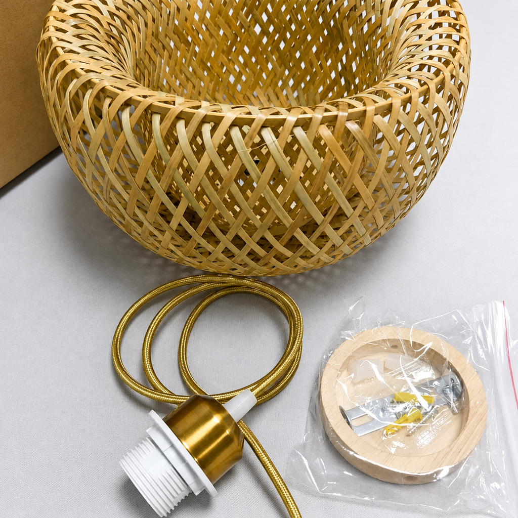 Contenu Livraison Suspension Rotin Naturel |  Abat-Jour Rotin, Cordon Doré, Embout Bois  et Kit de Fixation