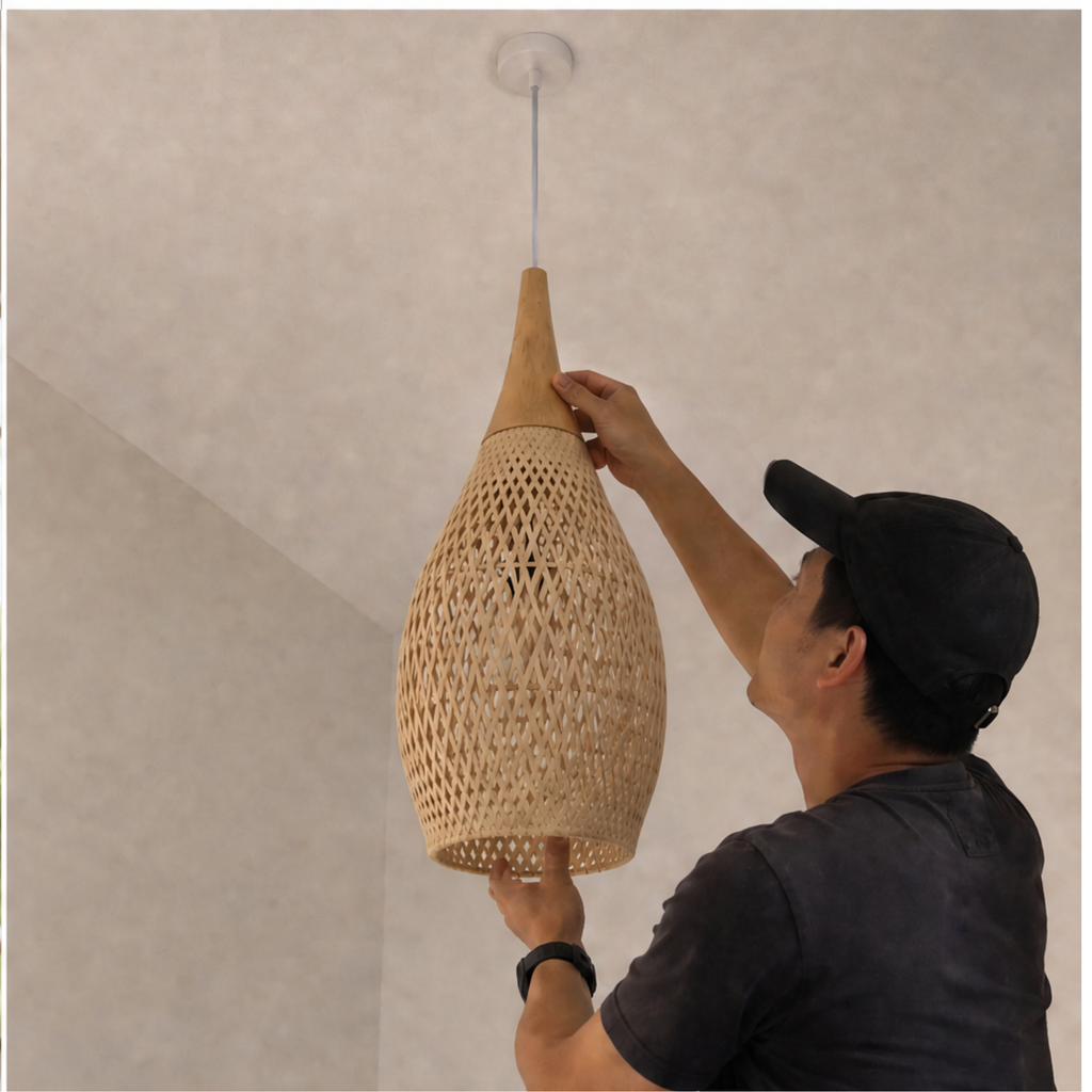 Installation Suspension Rotin Tressé Style Japonais 
          au Plafond