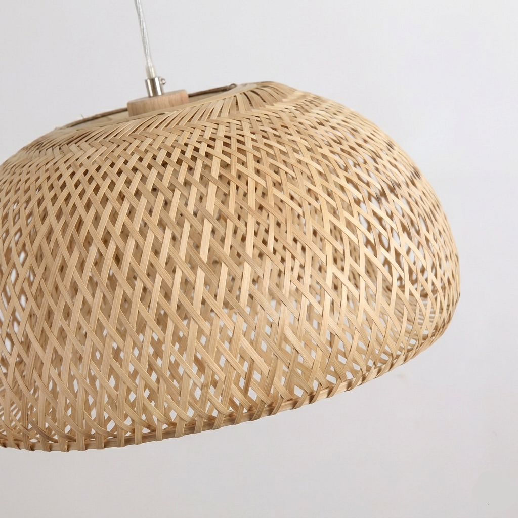 Détail Tressage Ajouré Rotin Naturel Beige Suspension Dôme