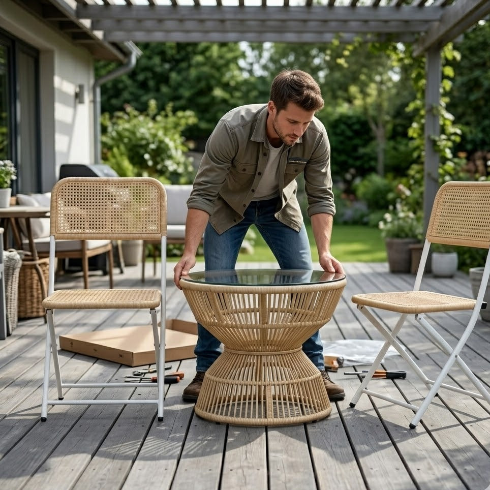Homme en train de poser le plateau en verre sur une table basse en rotin sur une terrasse extérieure