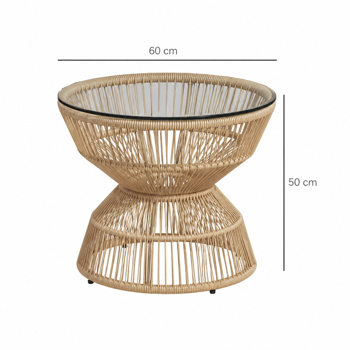 Schéma technique de la table basse de jardin en rotin avec plateau verre rond, dimensions Ø 60 cm x H 50 cm