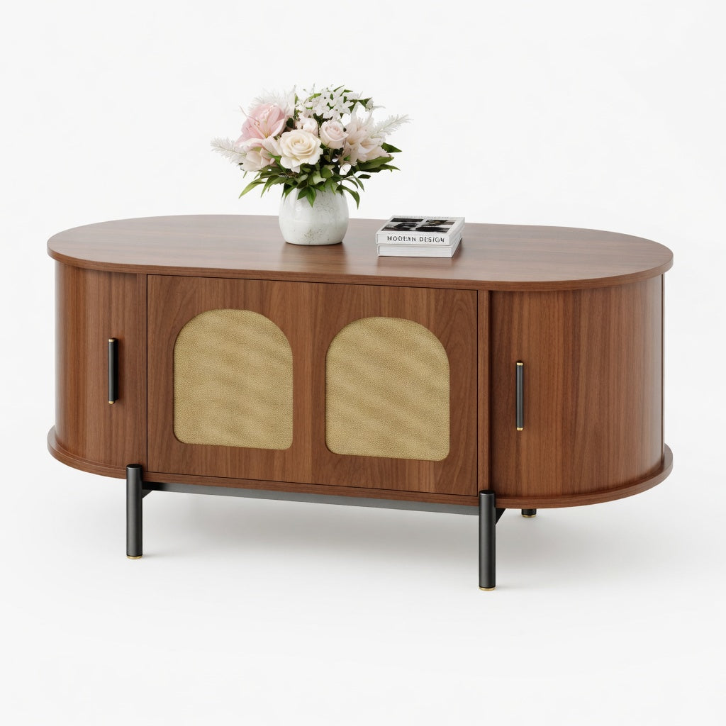Table basse ovale en bois noyer avec 2 portes à insert rotin en arche et pieds métal noir, vue de face sur fond blanc