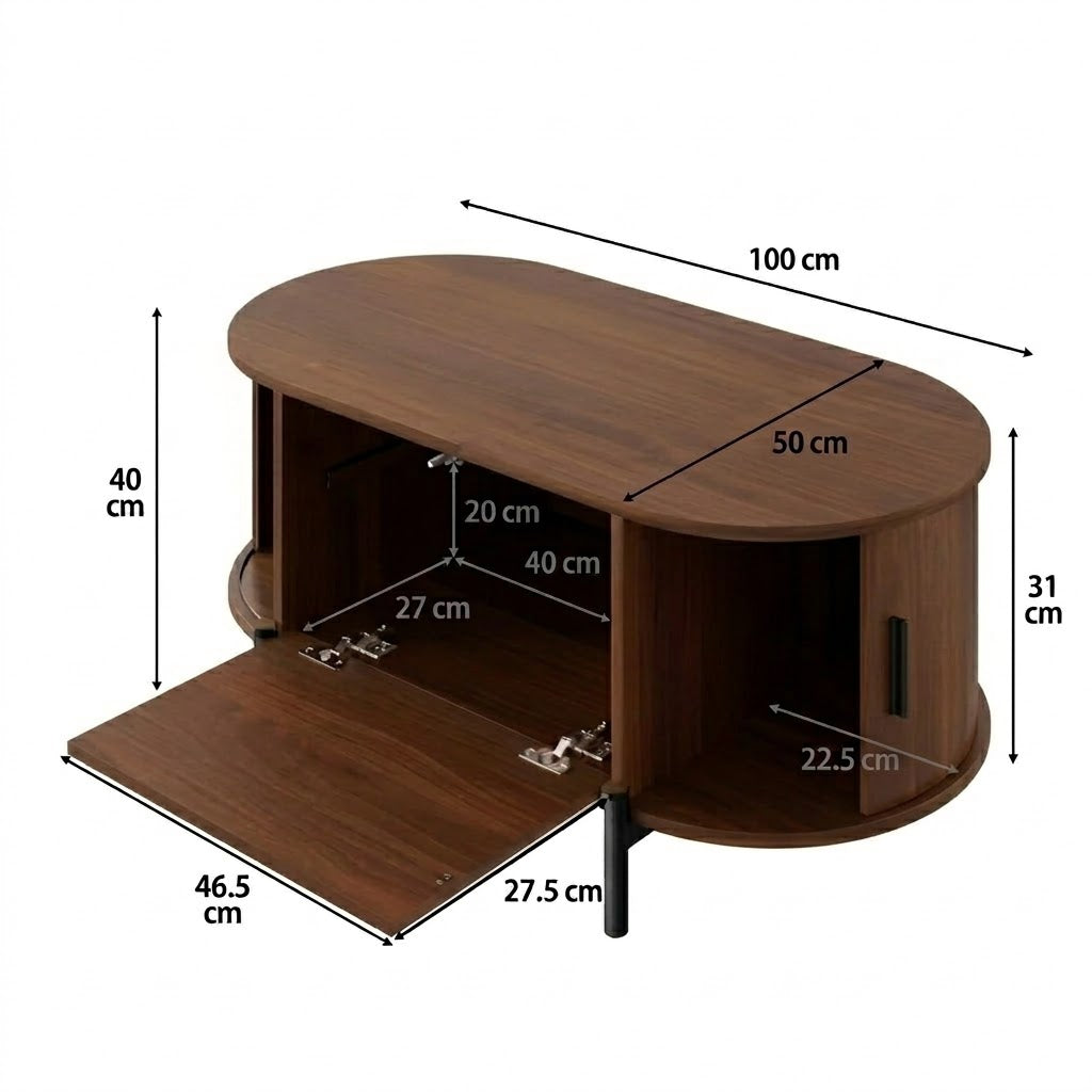 Schéma technique de la table basse ovale en bois noyer et rotin avec dimensions 100 x 50 x 40 cm et compartiments intérieurs détaillés