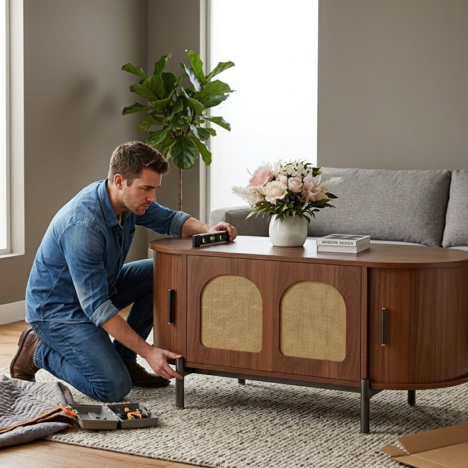 Homme en train d'assembler une table basse ovale en bois noyer et rotin dans un salon