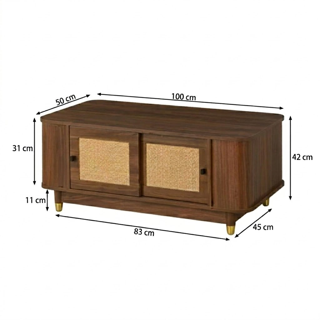 Schéma technique de la table basse rectangulaire en bois noyer et rotin avec dimensions 100 x 50 x 42 cm