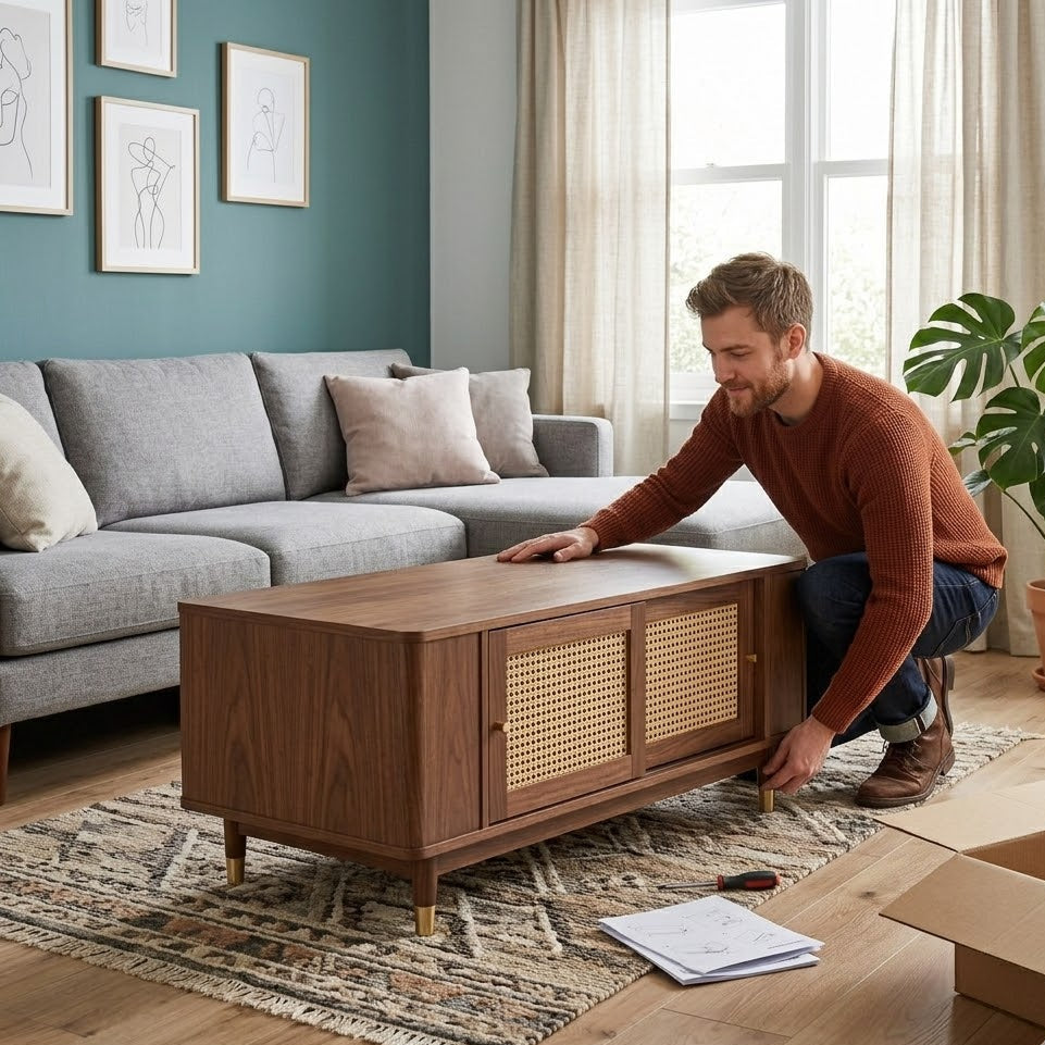 Homme en train de positionner une table basse rectangulaire en bois noyer et rotin dans un salon