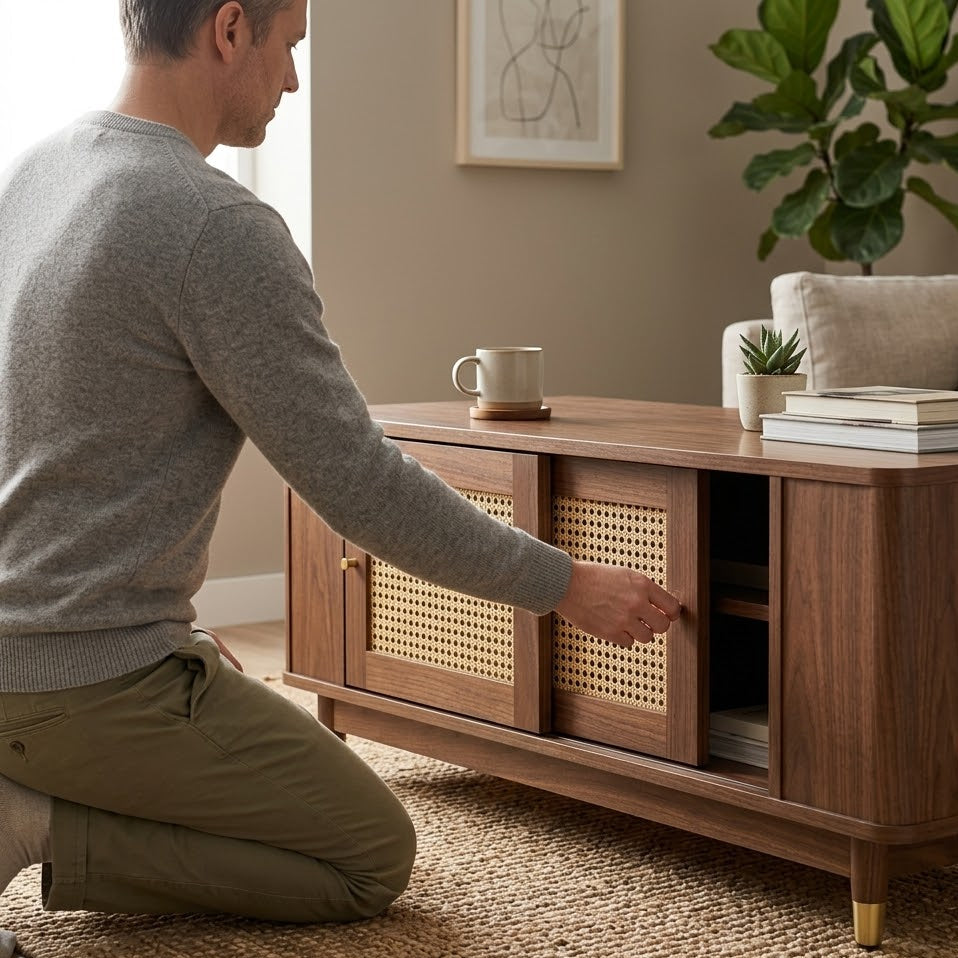 Homme ouvrant une porte coulissante rotin d'une table basse rectangulaire en bois noyer dans un salon