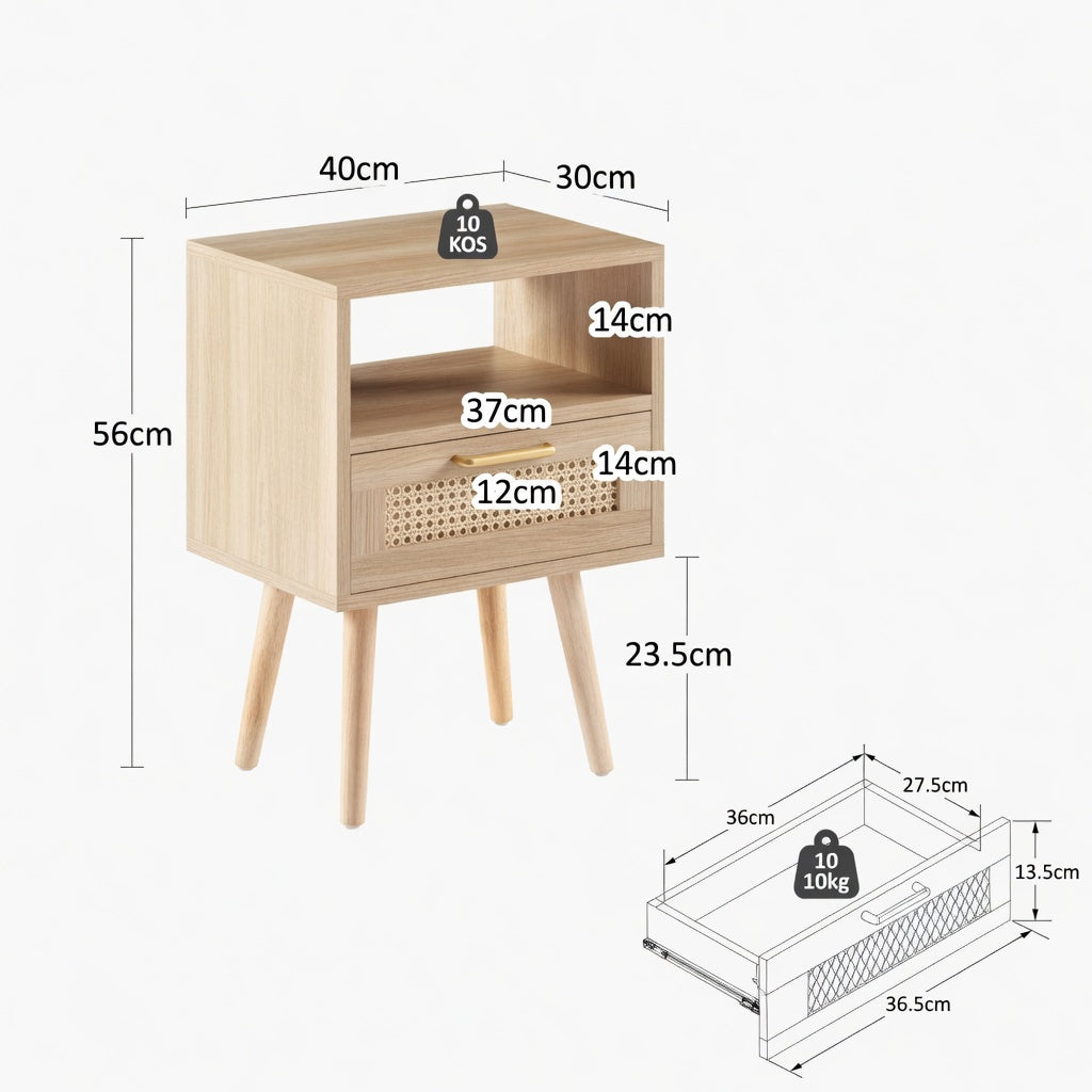 Schéma technique de la table de chevet en bois et rotin beige avec dimensions 40 x 30 x 56 cm et détail tiroir