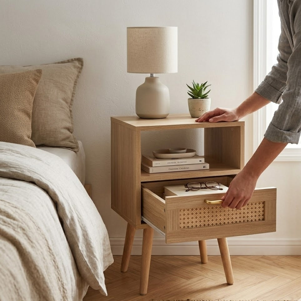 Vue lifestyle de la table de chevet beige en bois et rotin avec tiroir ouvert, posée dans une chambre naturelle