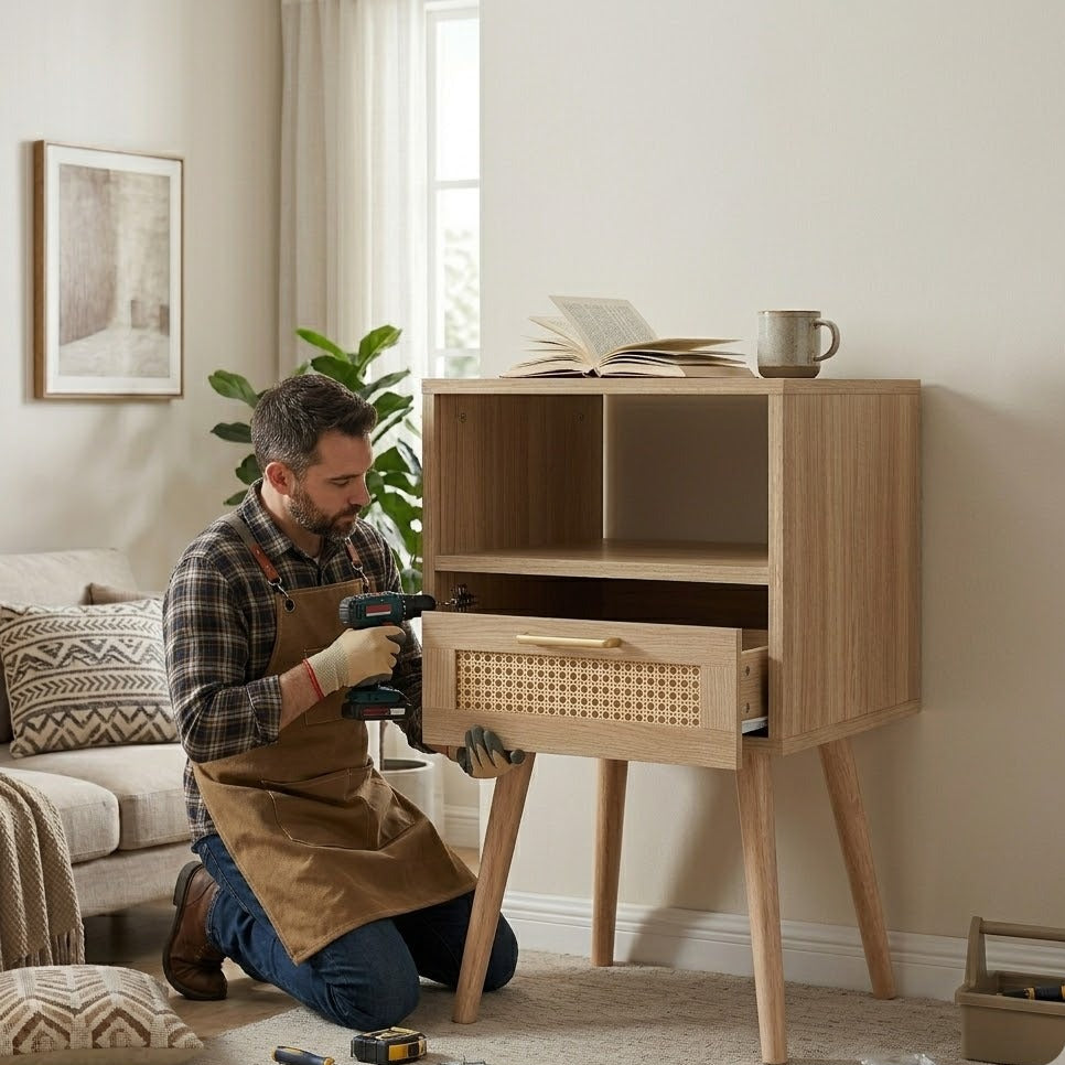 Homme en train d'assembler une table de chevet en bois et rotin beige dans un salon clair