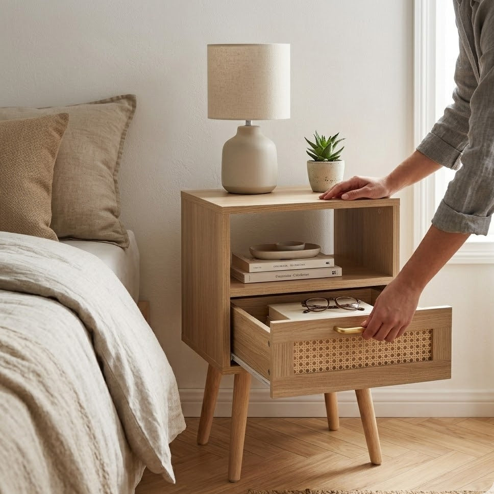 Personne ouvrant le tiroir rotin d'une table de chevet beige en bois naturel posée au bord d'un lit