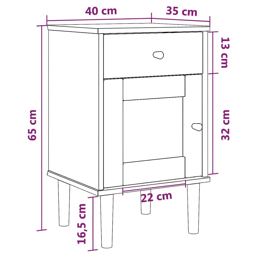 Schéma technique de la table de chevet en bois et rotin avec dimensions 40 x 35 x 65 cm et détails intérieurs