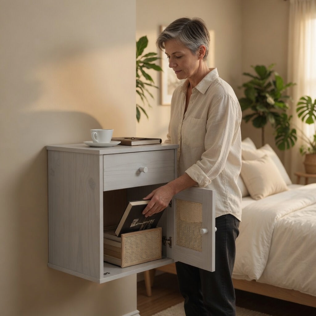 Femme ouvrant le compartiment inférieur d'une table de chevet en bois blanc et rotin dans une chambre