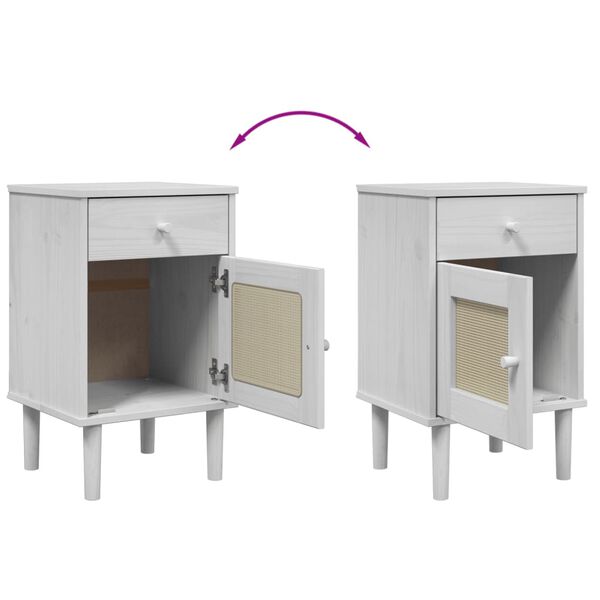 Table de chevet en bois blanc et rotin présentée en double vue avec porte réversible gauche et droite