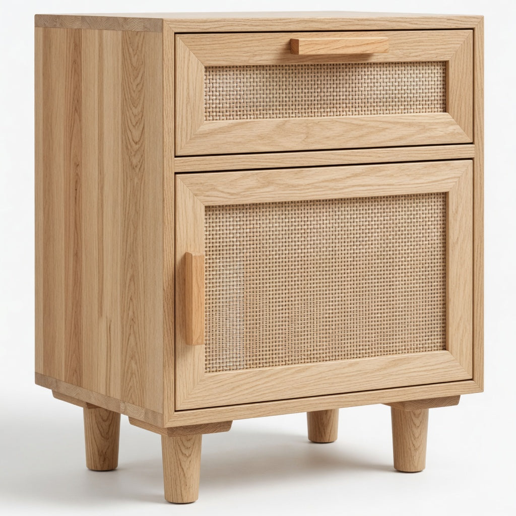 Table de chevet en bois naturel avec 1 tiroir et 1 porte à insert rotin tressé, vue de trois quarts sur fond blanc