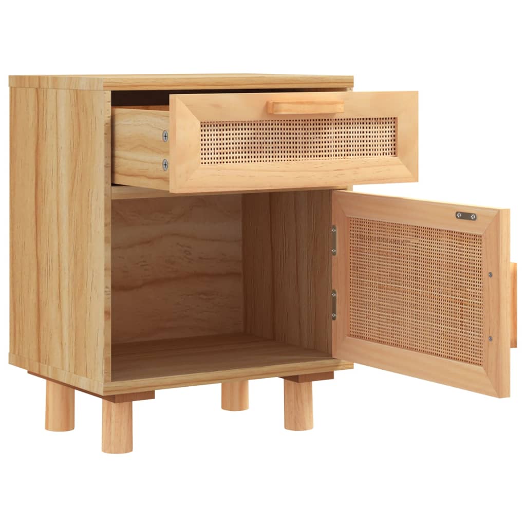 Vue intérieure de la table de chevet en bois et rotin naturel avec tiroir et porte ouverts sur fond blanc