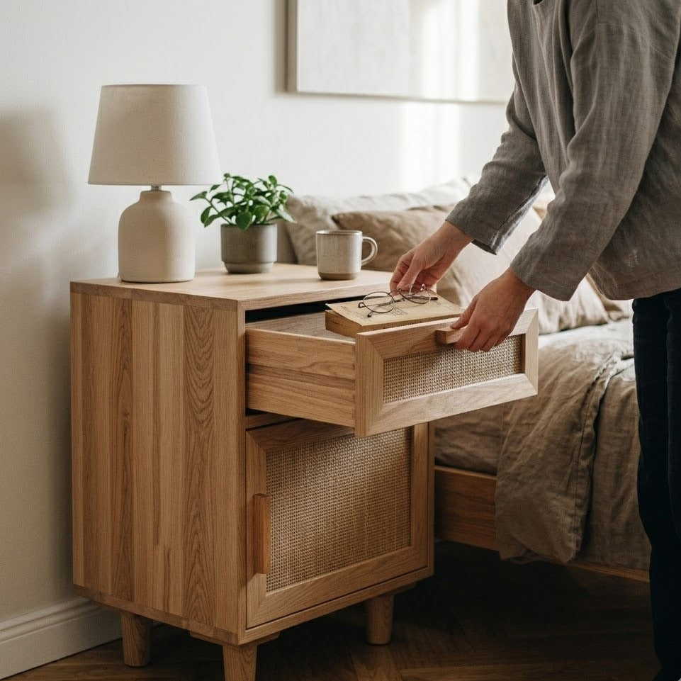Personne ouvrant le tiroir en rotin d'une table de chevet en bois naturel dans une chambre