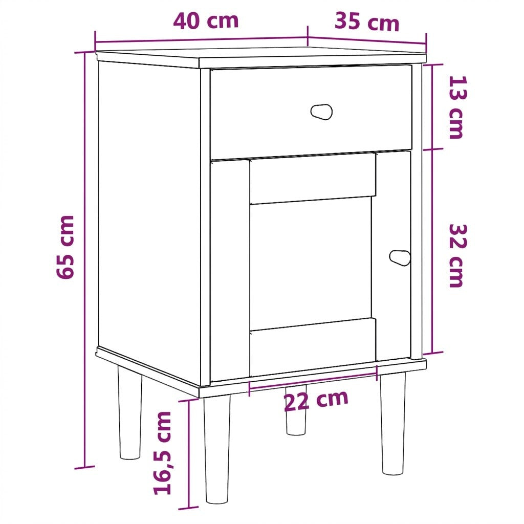 Schéma technique de la table de chevet noire en bois et rotin avec dimensions 40 x 35 x 65 cm et détails intérieurs