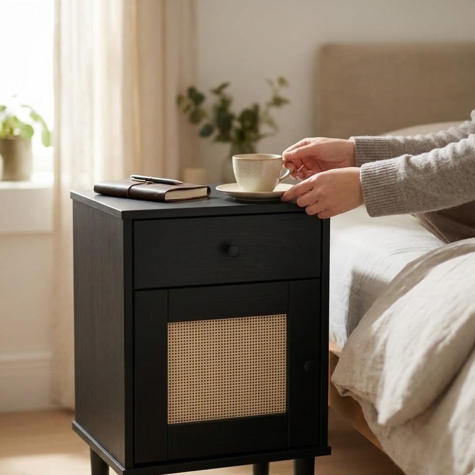 Personne posant une tasse sur une table de chevet noire en bois et rotin au bord d'un lit