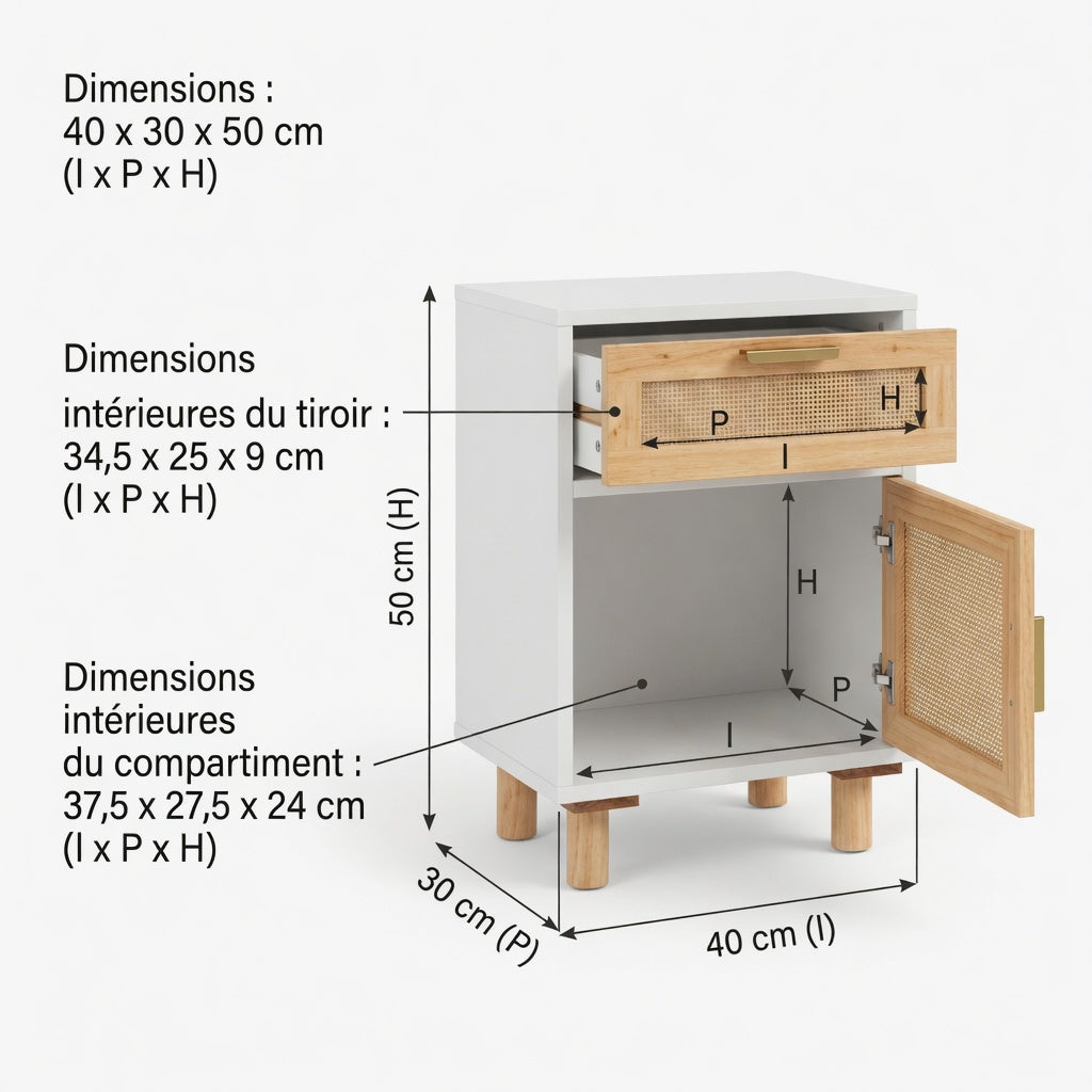 Schéma des dimensions de la table de chevet : 40 cm de largeur, 30 cm de profondeur, 50 cm de hauteur, avec dimensions intérieures du tiroir et du compartiment