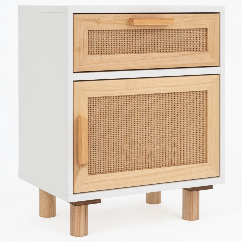 Table de chevet blanche vue en angle avec tiroir supérieur et porte inférieure en rotin beige sur pieds en bois