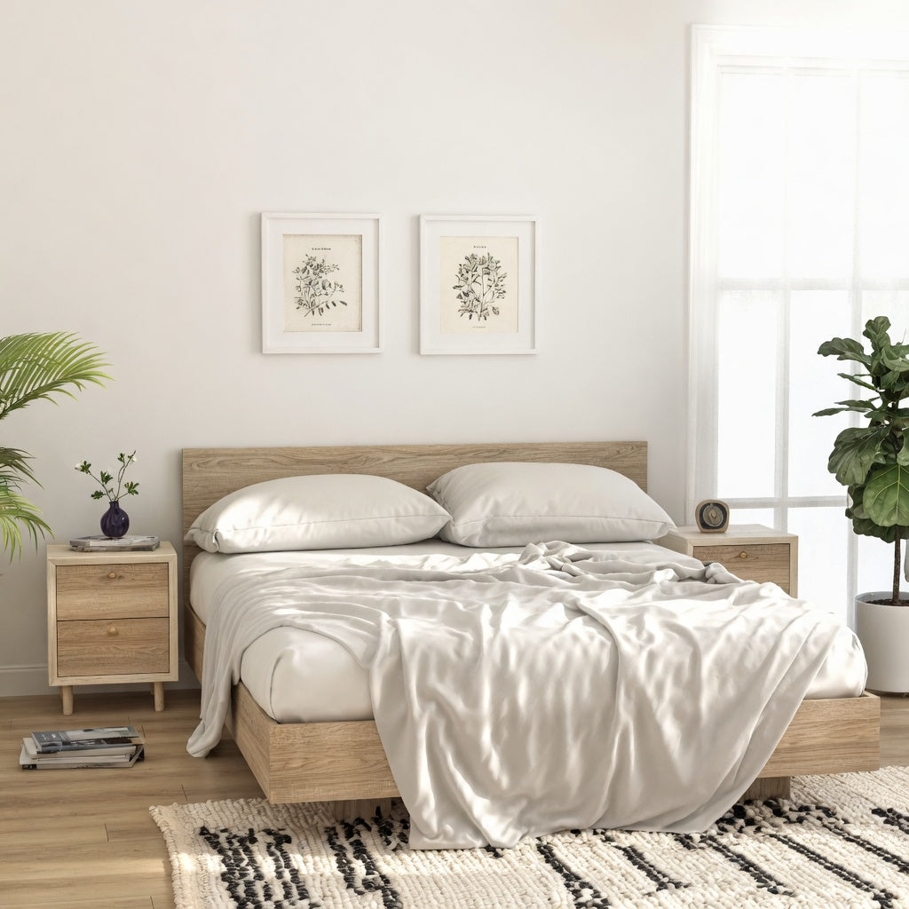 Vue d'ensemble d'une chambre avec deux tables de chevet en bois clair de part et d'autre d'un lit double