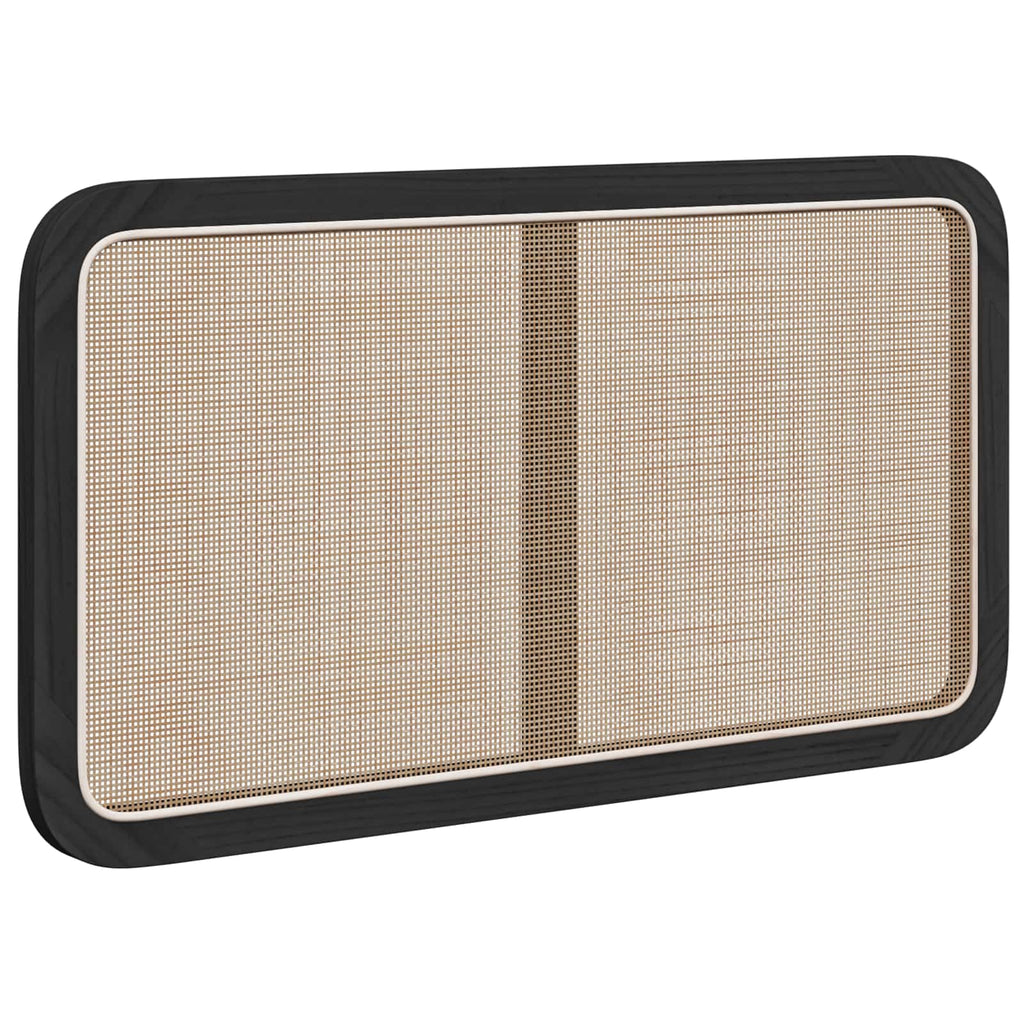 Tête de lit rectangulaire en rotin naturel avec cadre noir aux angles arrondis, vue de trois quarts sur fond blanc